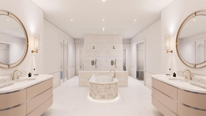 Bathroom, Dual Sink Vanities, Interior, Marble, Recessed Lighting
