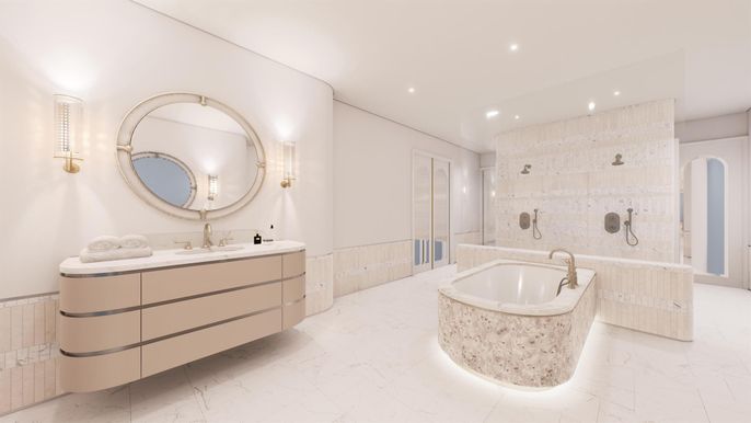 Bathroom, Dual Sink Vanities, Interior, Marble, Recessed Lighting