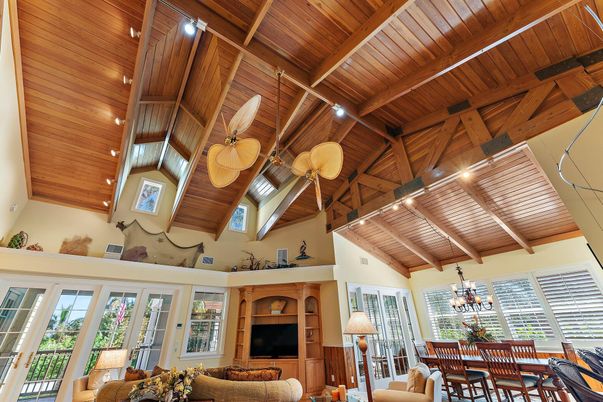 Chandelier, Dining room, Interior, Living room, Recessed Lighting, Wooden Beams, Wooden Ceilings