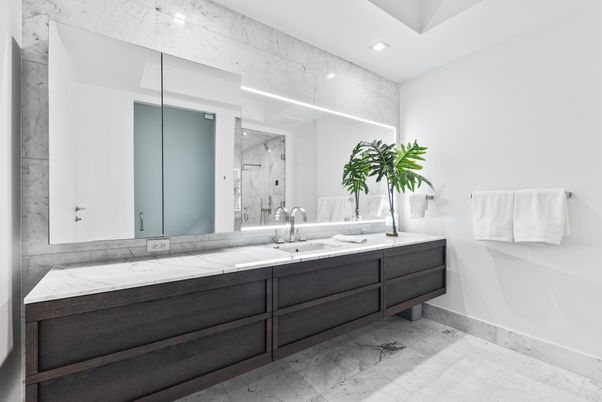Bathroom, Dual Sink Vanities, Glass Shower, Interior, Marble, Marble Walls, Recessed Lighting