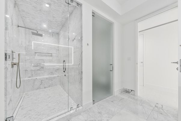 Bathroom, Glass Shower, Interior, Marble, Marble Walls, Recessed Lighting
