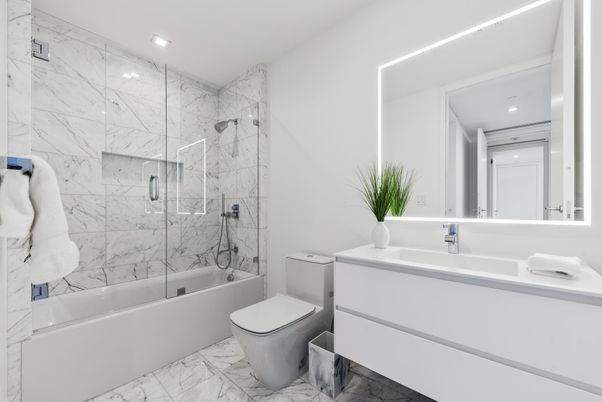 Bathroom, Glass Shower, Interior, Marble, Marble Walls, Recessed Lighting