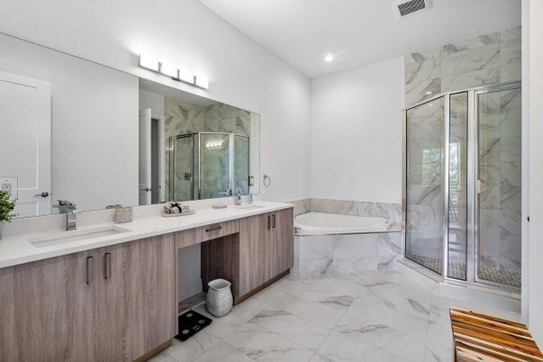Bathroom, Dual Sink Vanities, Glass Shower, Interior, Marble, Marble Walls, Recessed Lighting