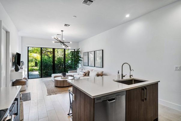 Interior, Kitchen, Living room, Pendant Lights, Recessed Lighting, Wood Texture Flooring