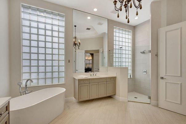 Bathroom, Chandelier, Dual Sink Vanities, Free Standing Baths, Interior, Pendant Lights, Recessed Lighting