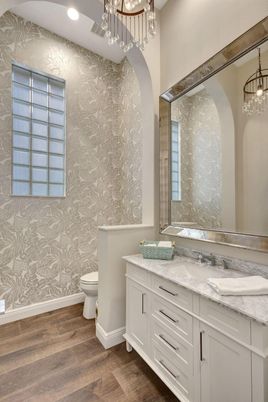 Bathroom, Interior, Pendant Lights, Recessed Lighting, Wood Texture Flooring