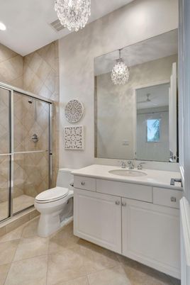 Bathroom, Chandelier, Glass Shower, Interior, Recessed Lighting