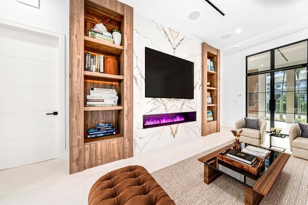 Fireplace, Interior, Living room, Marble Walls, Recessed Lighting