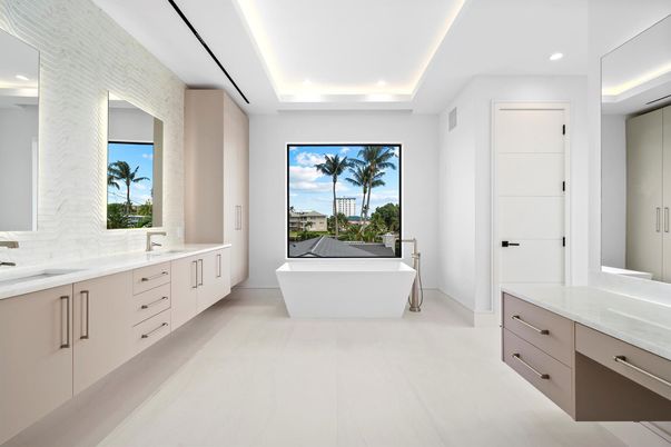 Bathroom, Dual Sink Vanities, Free Standing Baths, Interior, Marble, Recessed Lighting