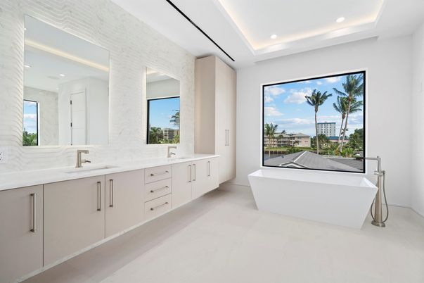 Bathroom, Dual Sink Vanities, Free Standing Baths, Interior, Marble, Marble Walls, Recessed Lighting