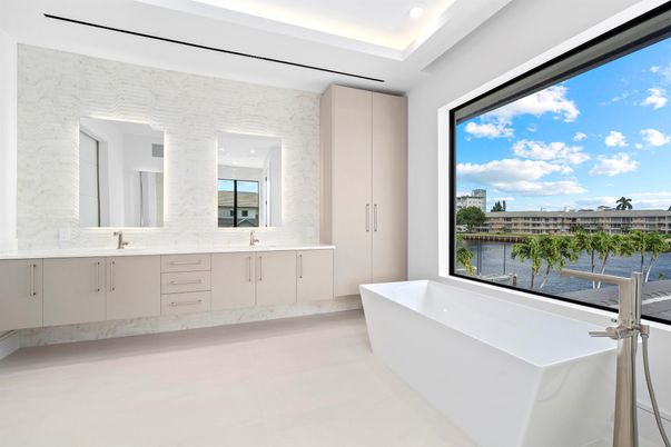 Bathroom, Dual Sink Vanities, Free Standing Baths, Interior, Marble, Recessed Lighting, Water