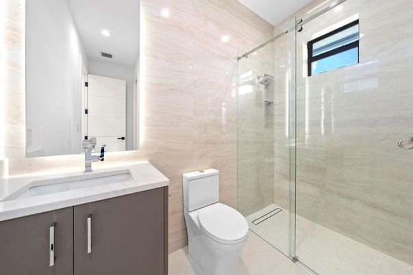 Bathroom, Glass Shower, Interior, Marble Walls, Recessed Lighting