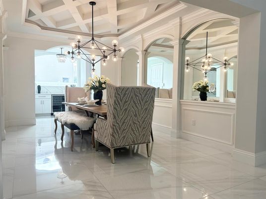 Dining room, Interior, Marble, Pendant Lights, Water