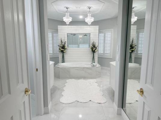 Bathroom, Chandelier, Interior, Marble, Recessed Lighting
