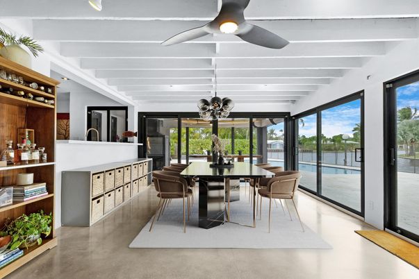 Dining room, Fireplace, Interior, Pendant Lights, Water