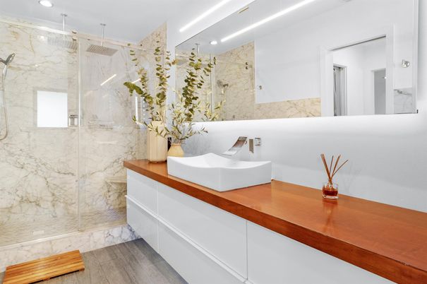 Bathroom, Glass Shower, Interior, Marble Walls, Recessed Lighting, Wood Texture Flooring