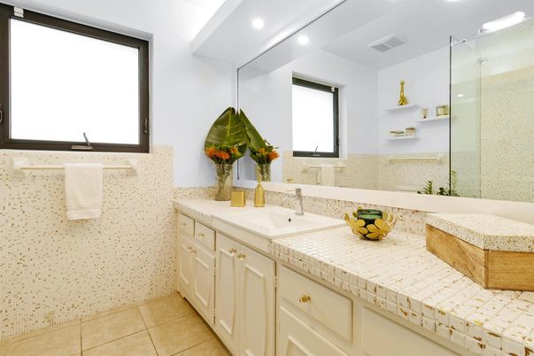 Bathroom, Glass Shower, Interior, Recessed Lighting, Tile Countertops