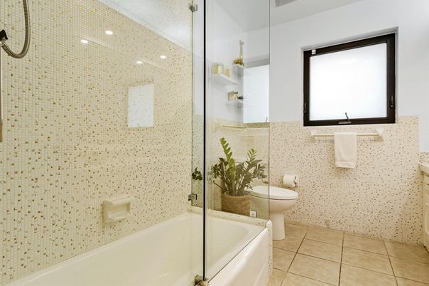 Bathroom, Glass Shower, Interior, Recessed Lighting