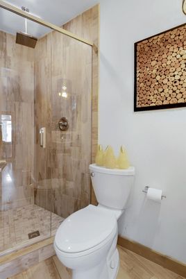 Bathroom, Glass Shower, Interior, Wood Texture Flooring