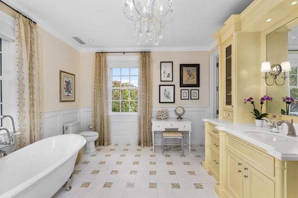 Bathroom, Chandelier, Dual Sink Vanities, Free Standing Baths, Interior, Recessed Lighting