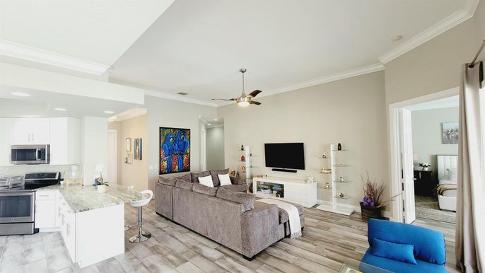 Interior, Kitchen, Living room, Recessed Lighting, Stainless Steel Appliances, Wood Texture Flooring