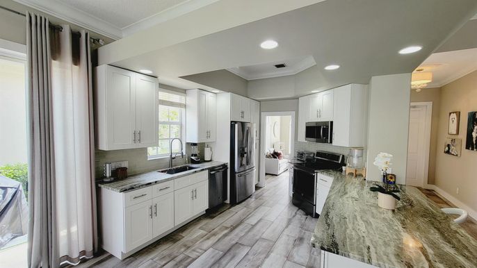 Interior, Kitchen, Recessed Lighting, Stainless Steel Appliances, Wood Texture Flooring