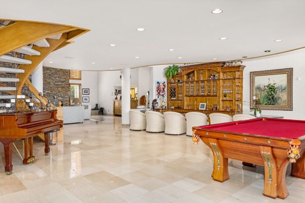 Billiard Table, Fireplace, Game Room, Interior, Living room, Piano, Recessed Lighting