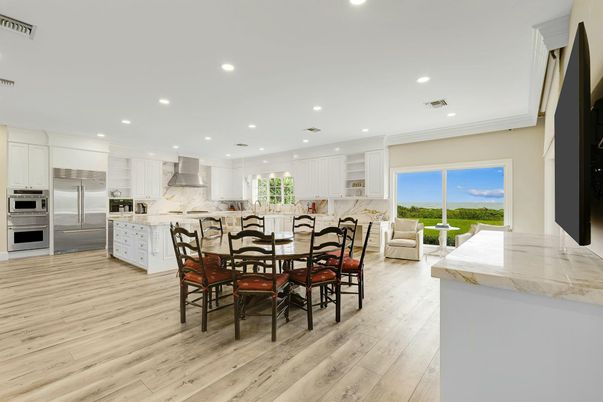 Dining room, Interior, Kitchen, Recessed Lighting, Stainless Steel Appliances, Wood Texture Flooring