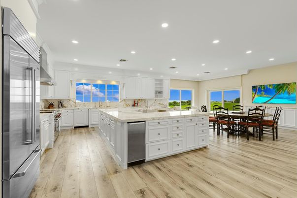 Dining room, Interior, Kitchen, Recessed Lighting, Stainless Steel Appliances, Water, Wood Texture Flooring