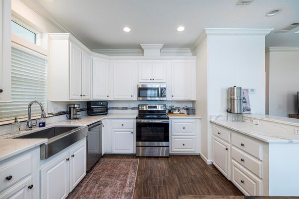 Interior, Kitchen, Recessed Lighting, Stainless Steel Appliances, Wood Texture Flooring