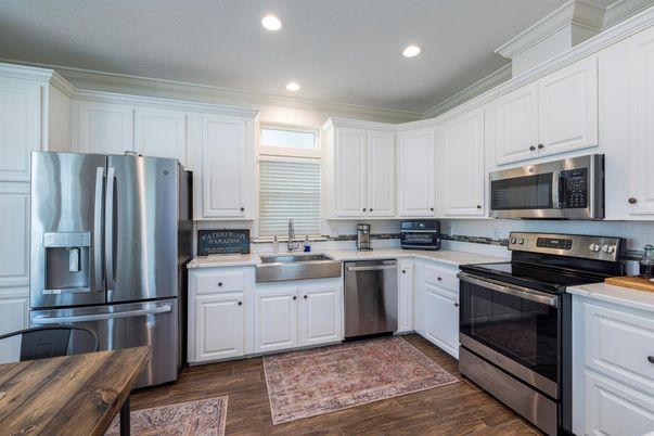 Interior, Kitchen, Recessed Lighting, Stainless Steel Appliances, Wood Texture Flooring