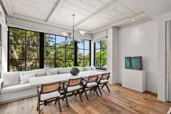 Dining room, Interior, Living room, Pendant Lights, Recessed Lighting, Wood Texture Flooring