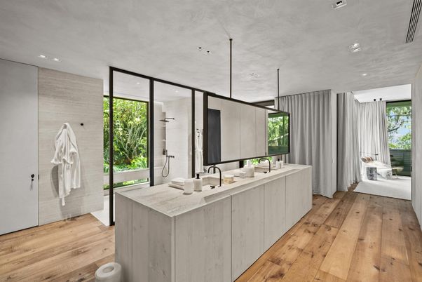 Bathroom, Dual Sink Vanities, Interior, Pendant Lights, Recessed Lighting, Wood Texture Flooring