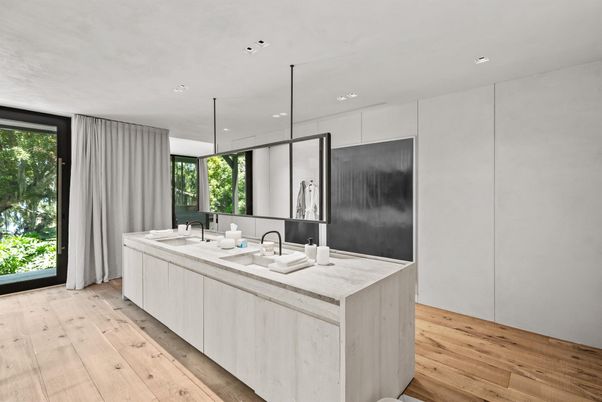 Bathroom, Dual Sink Vanities, Interior, Recessed Lighting, Wood Texture Flooring