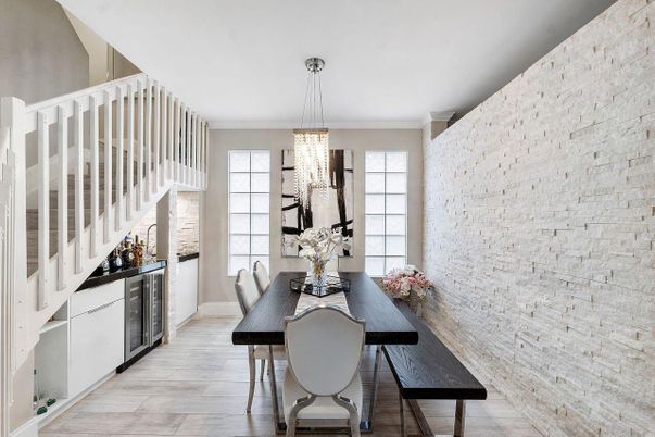 Chandelier, Dining room, Interior, Stone Walls, Wood Texture Flooring