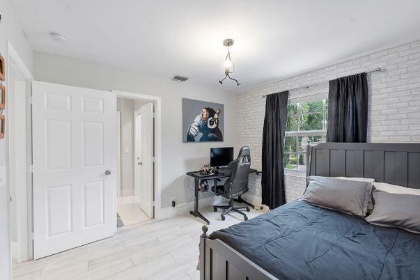 Bedroom, Home Office, Interior, Stone Walls, Wood Texture Flooring