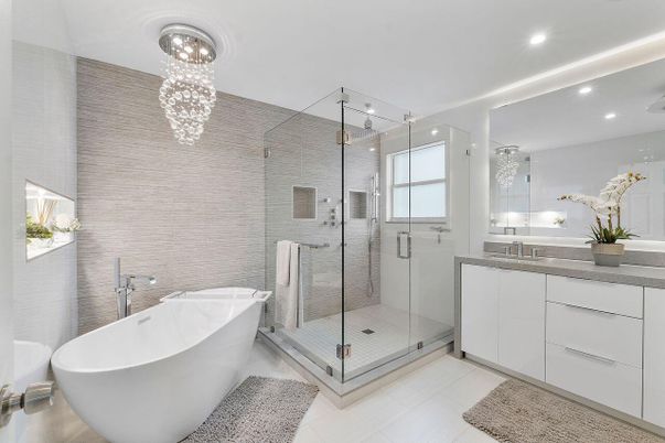 Bathroom, Free Standing Baths, Glass Shower, Interior, Pendant Lights, Recessed Lighting