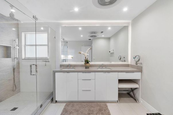 Bathroom, Dual Sink Vanities, Glass Shower, Interior, Recessed Lighting