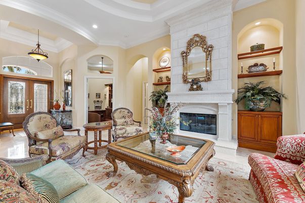 Fireplace, Interior, Living room, Pendant Lights, Recessed Lighting, Stone Walls