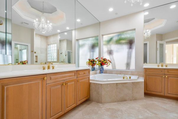 Bathroom, Chandelier, Dual Sink Vanities, Interior, Recessed Lighting