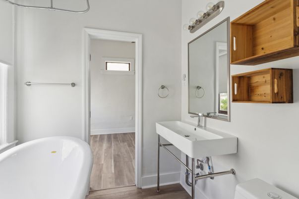 Bathroom, Dual Sink Vanities, Free Standing Baths, Interior, Wood Texture Flooring
