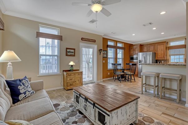 Dining room, Interior, Kitchen, Living room, Recessed Lighting, Stainless Steel Appliances, Wood Texture Flooring