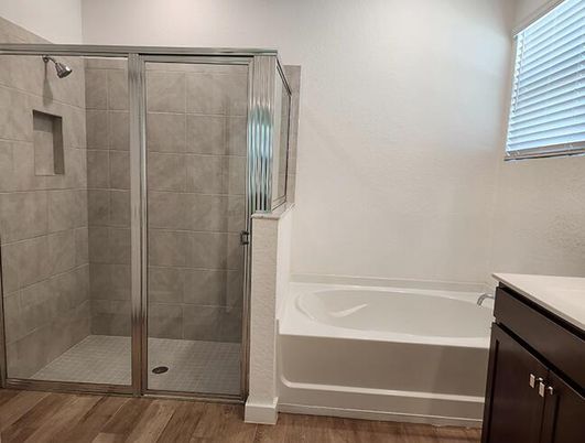 Bathroom, Glass Shower, Interior, Wood Texture Flooring