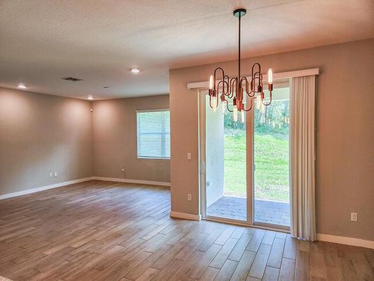 Chandelier, Empty room, Interior, Recessed Lighting, Wood Texture Flooring