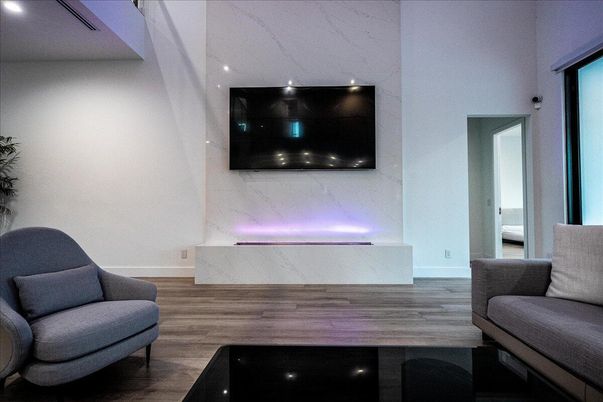 Interior, Marble Walls, Recessed Lighting, Wood Texture Flooring