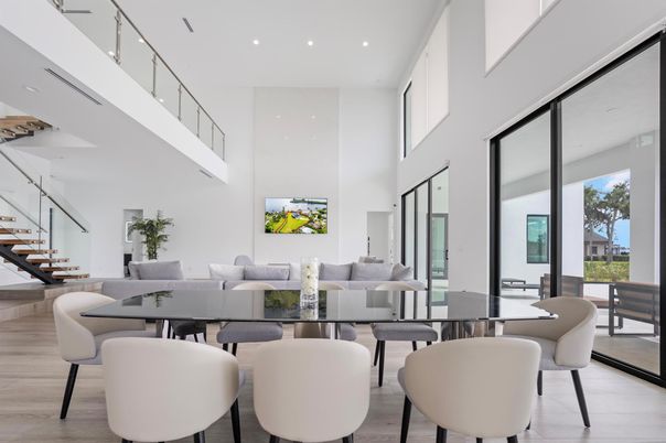 Dining room, Interior, Living room, Recessed Lighting, Wood Texture Flooring