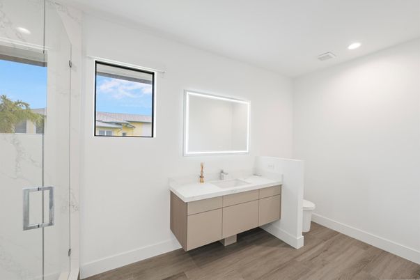Bathroom, Glass Shower, Interior, Marble Walls, Recessed Lighting, Wood Texture Flooring