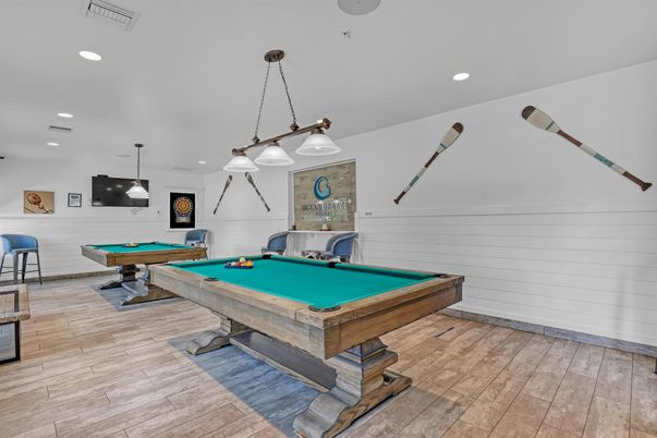 Billiard Table, Game Room, Interior, Pendant Lights, Recessed Lighting, Wood Texture Flooring