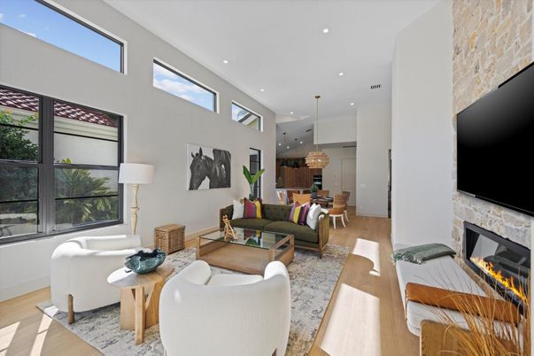 Dining room, Fireplace, Interior, Living room, Pendant Lights, Recessed Lighting, Stone Walls, Wood Texture Flooring