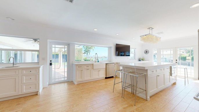 Chandelier, Interior, Kitchen, Recessed Lighting, Stainless Steel Appliances, Wood Texture Flooring